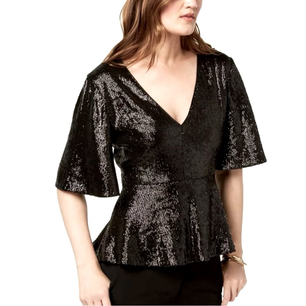 NWT Rachel Zoe Clover Black Sequined Peplum Top- Size 8 MSRP $385